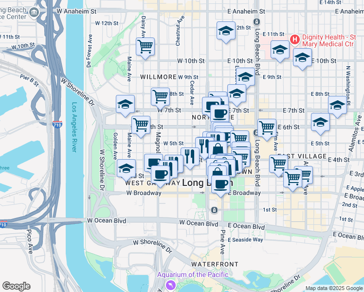 map of restaurants, bars, coffee shops, grocery stores, and more near 435 Cedar Avenue in Long Beach