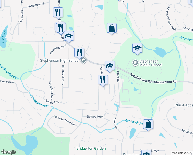 map of restaurants, bars, coffee shops, grocery stores, and more near 783 Pine Ridge Drive in Stone Mountain