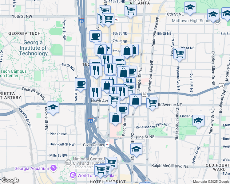 map of restaurants, bars, coffee shops, grocery stores, and more near 675 West Peachtree Street Northwest in Atlanta