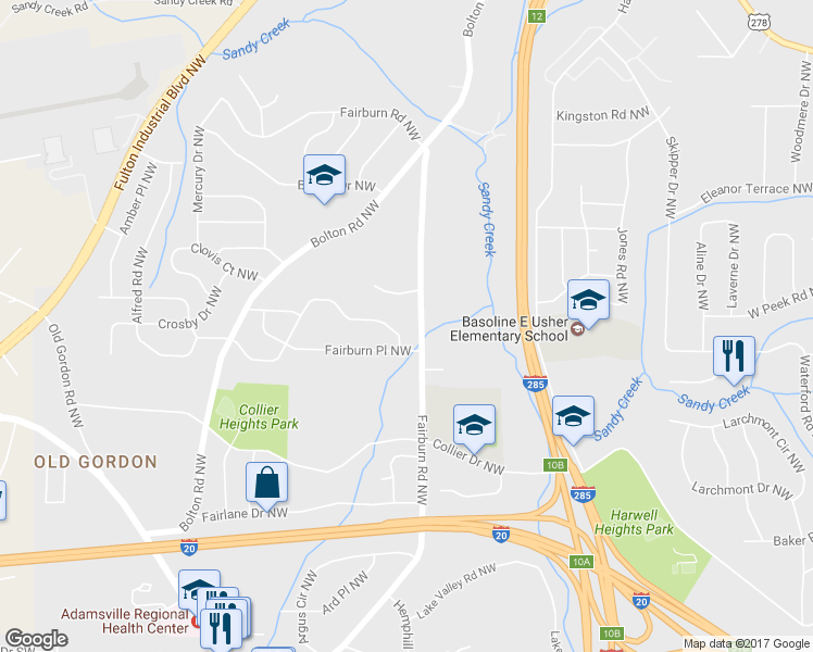 map of restaurants, bars, coffee shops, grocery stores, and more near 3351 Adkins Road Northwest in Atlanta