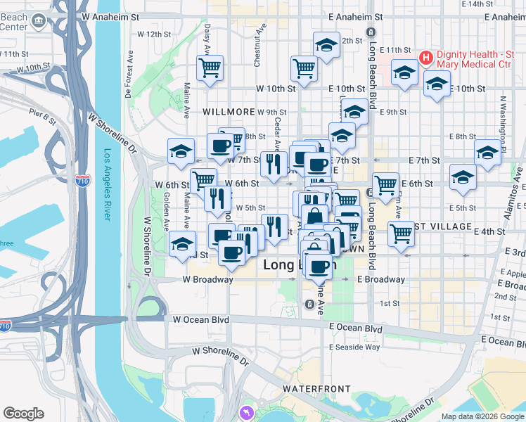 map of restaurants, bars, coffee shops, grocery stores, and more near 334 West 5th Street in Long Beach