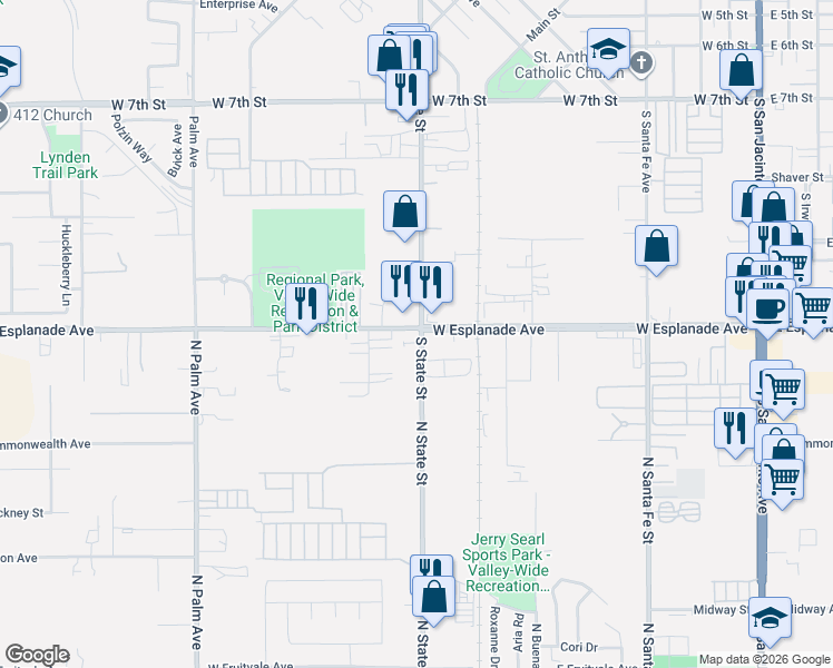 map of restaurants, bars, coffee shops, grocery stores, and more near 24004 State Street in Hemet