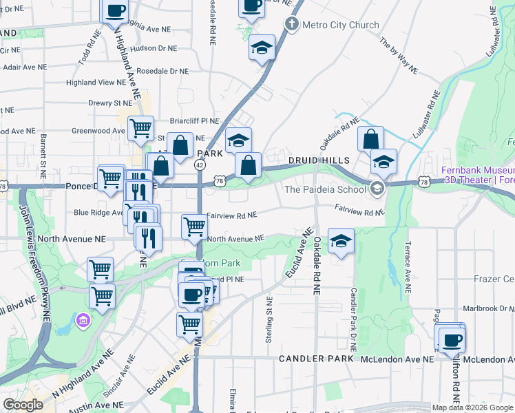 map of restaurants, bars, coffee shops, grocery stores, and more near 1284 Fairview Rd NE in Atlanta