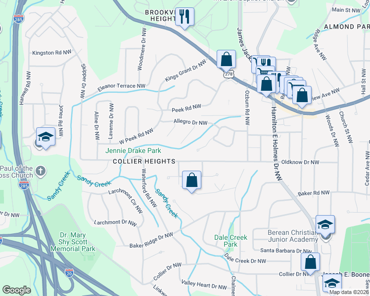 map of restaurants, bars, coffee shops, grocery stores, and more near 671 Indigo Lane Northwest in Atlanta