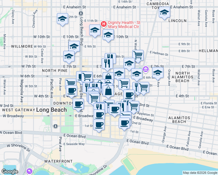 map of restaurants, bars, coffee shops, grocery stores, and more near in Long Beach