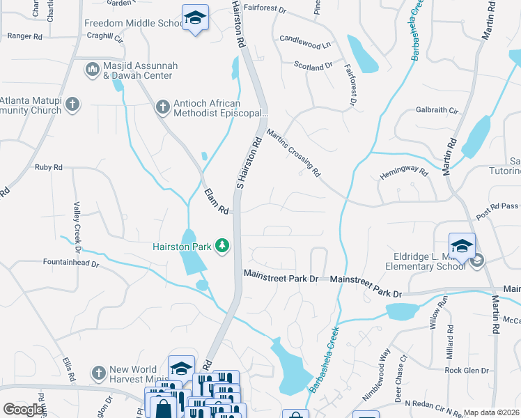 map of restaurants, bars, coffee shops, grocery stores, and more near 4821 Hairston Place in Stone Mountain