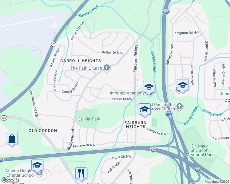 map of restaurants, bars, coffee shops, grocery stores, and more near 3398 Adkins Road Northwest in Atlanta
