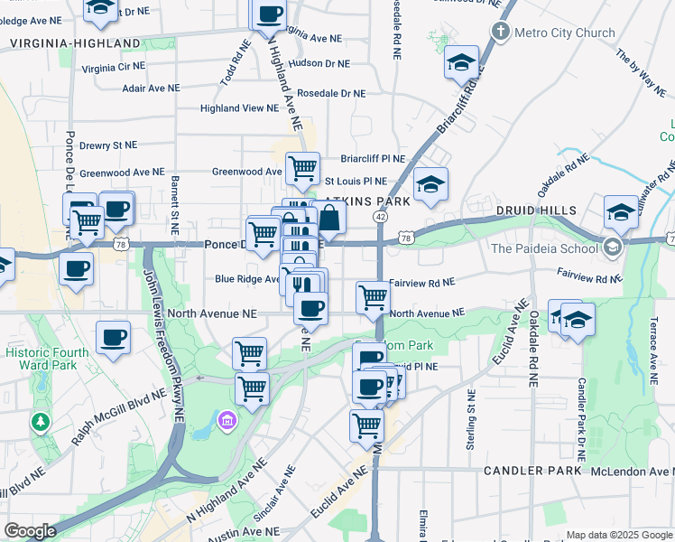 map of restaurants, bars, coffee shops, grocery stores, and more near 664 Seminole Avenue Northeast in Atlanta