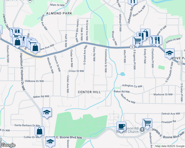 map of restaurants, bars, coffee shops, grocery stores, and more near 662 Gary Road Northwest in Atlanta