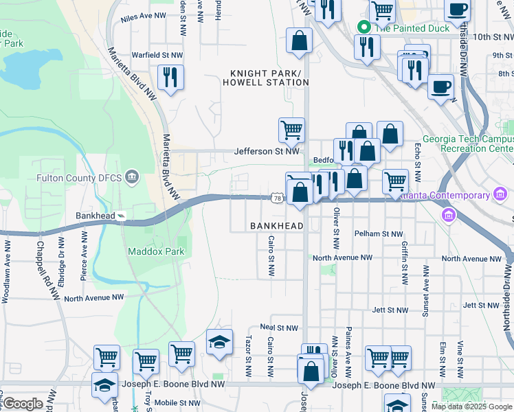 map of restaurants, bars, coffee shops, grocery stores, and more near 660 Simmons Street Northwest in Atlanta