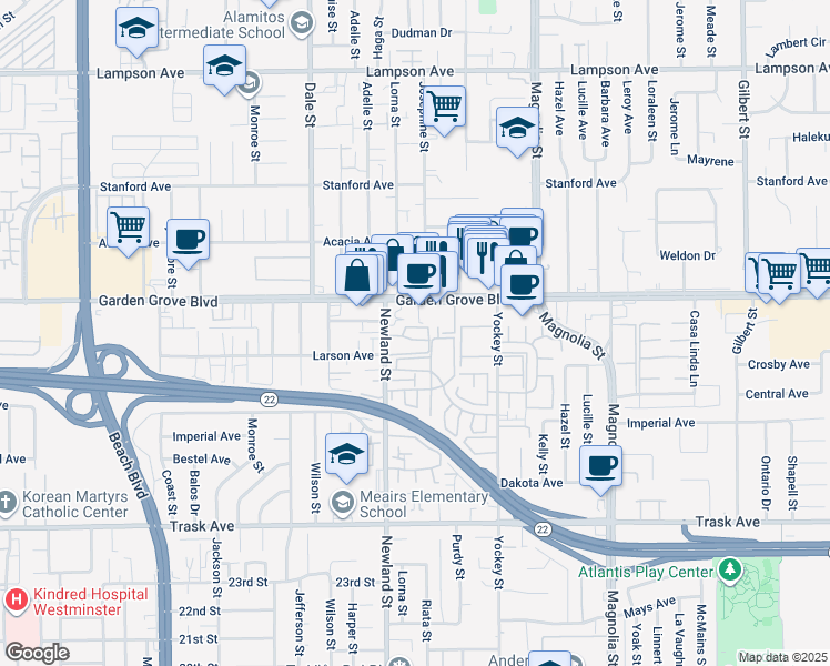 map of restaurants, bars, coffee shops, grocery stores, and more near 8582 Emerson Circle in Garden Grove