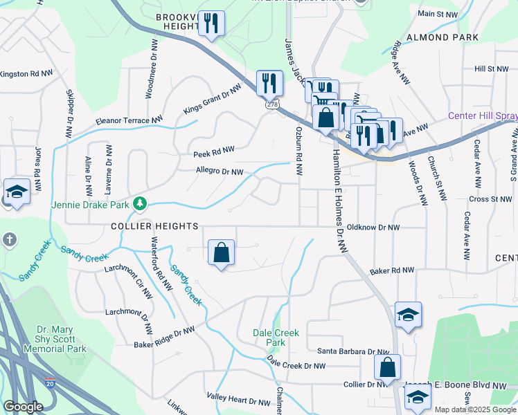 map of restaurants, bars, coffee shops, grocery stores, and more near 605 Lyric Way Northwest in Atlanta