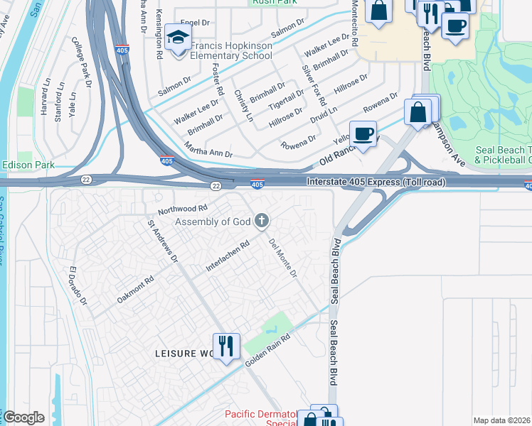 map of restaurants, bars, coffee shops, grocery stores, and more near 1780 Saint John Road in Seal Beach