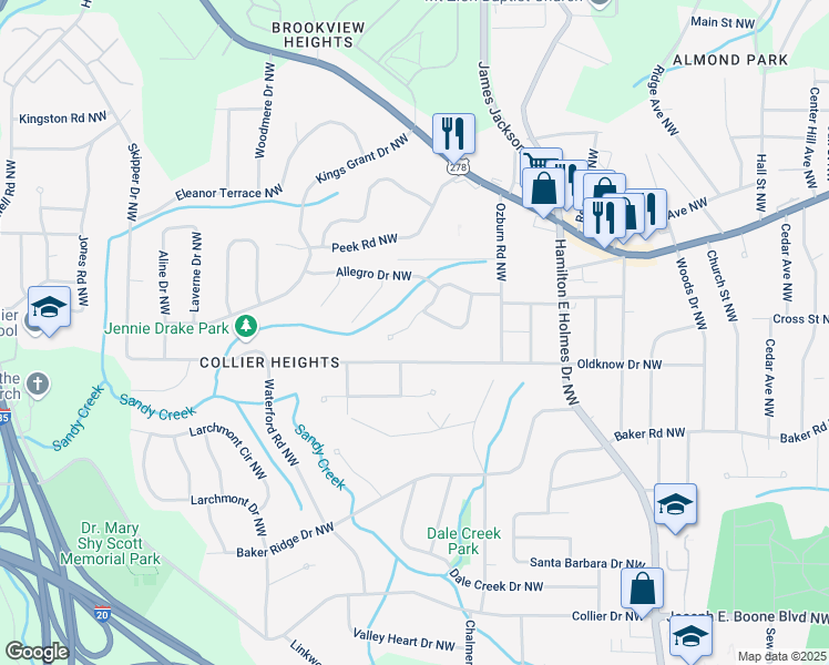 map of restaurants, bars, coffee shops, grocery stores, and more near 2836 Crescendo Drive Northwest in Atlanta