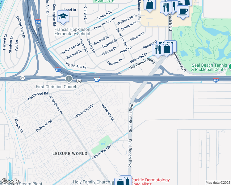 map of restaurants, bars, coffee shops, grocery stores, and more near 1880 Saint John Road in Seal Beach