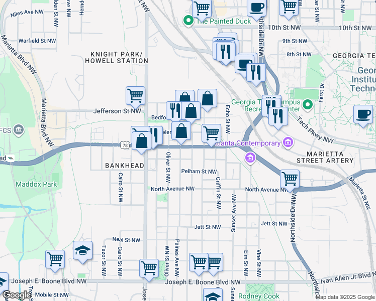map of restaurants, bars, coffee shops, grocery stores, and more near 811 Fox Street Northwest in Atlanta