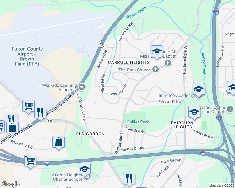 map of restaurants, bars, coffee shops, grocery stores, and more near 3699 Adkins Road Northwest in Atlanta