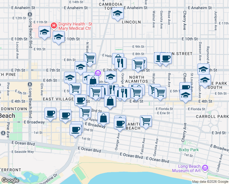 map of restaurants, bars, coffee shops, grocery stores, and more near 1116 East 5th Street in Long Beach