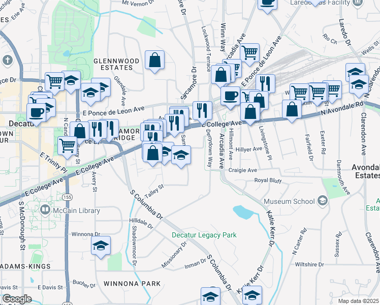 map of restaurants, bars, coffee shops, grocery stores, and more near 515 East Freeman Street in Decatur
