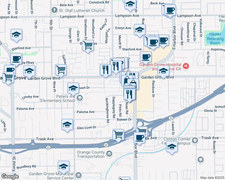 map of restaurants, bars, coffee shops, grocery stores, and more near 11771 Percheron Road in Garden Grove