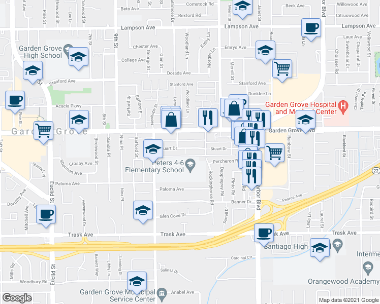 map of restaurants, bars, coffee shops, grocery stores, and more near 11702 Stuart Drive in Garden Grove