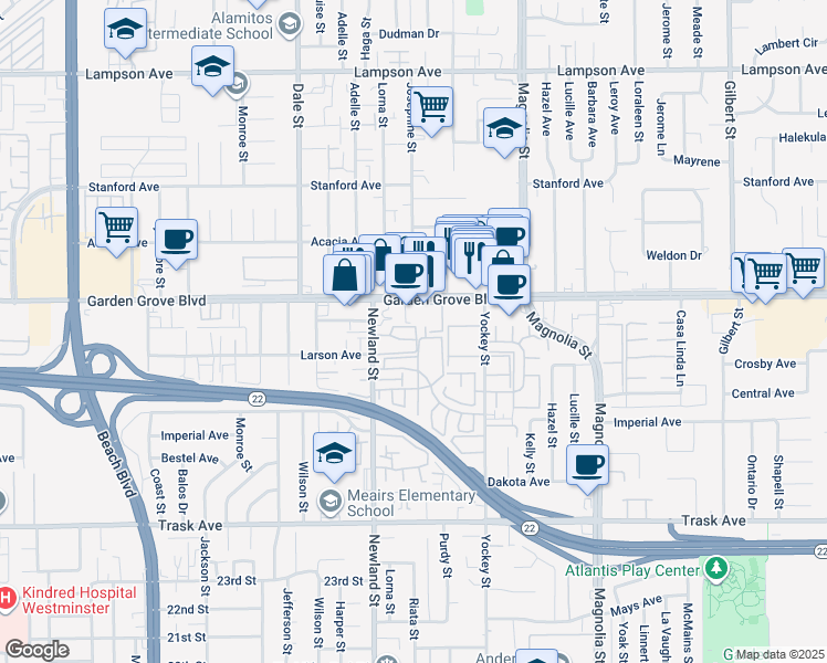 map of restaurants, bars, coffee shops, grocery stores, and more near 8582 Emerson Circle in Garden Grove