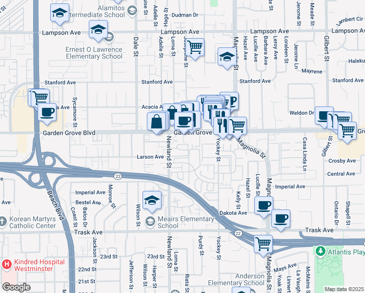 map of restaurants, bars, coffee shops, grocery stores, and more near 8582 Emerson Circle in Garden Grove