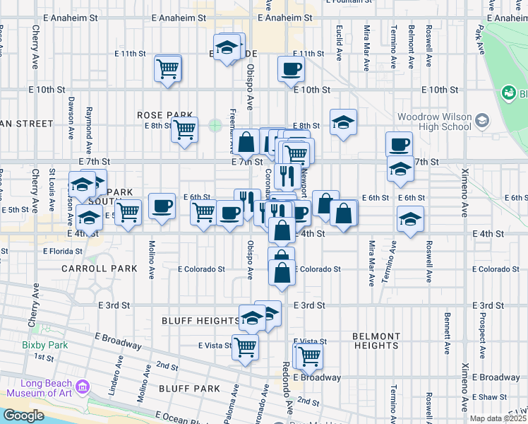 map of restaurants, bars, coffee shops, grocery stores, and more near 444 Coronado Avenue in Long Beach