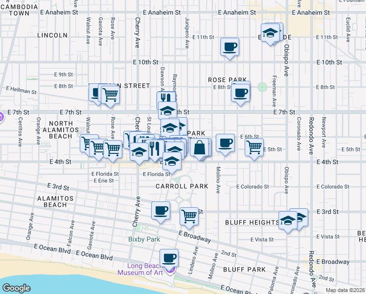 map of restaurants, bars, coffee shops, grocery stores, and more near 500 Junipero Avenue in Long Beach