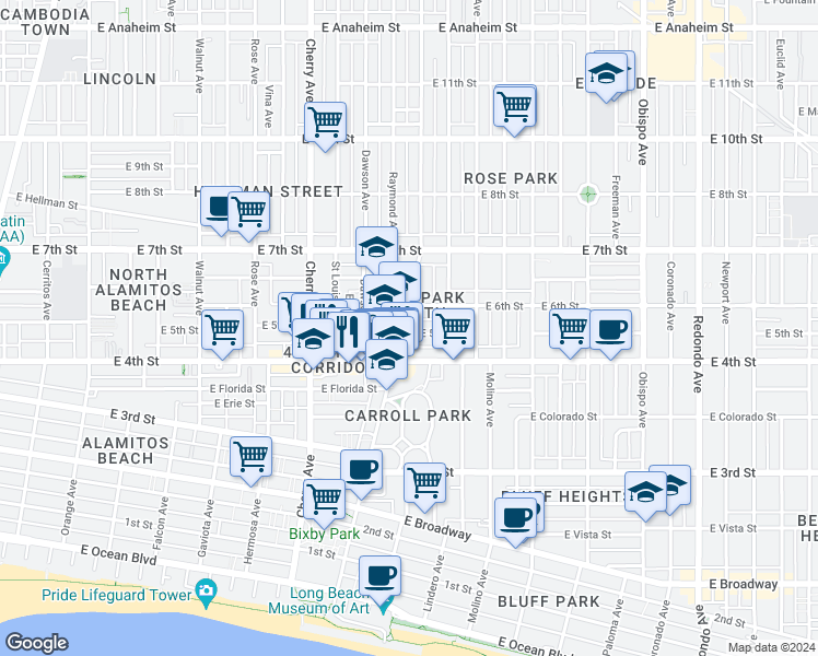 map of restaurants, bars, coffee shops, grocery stores, and more near 2300 East 5th Street in Long Beach