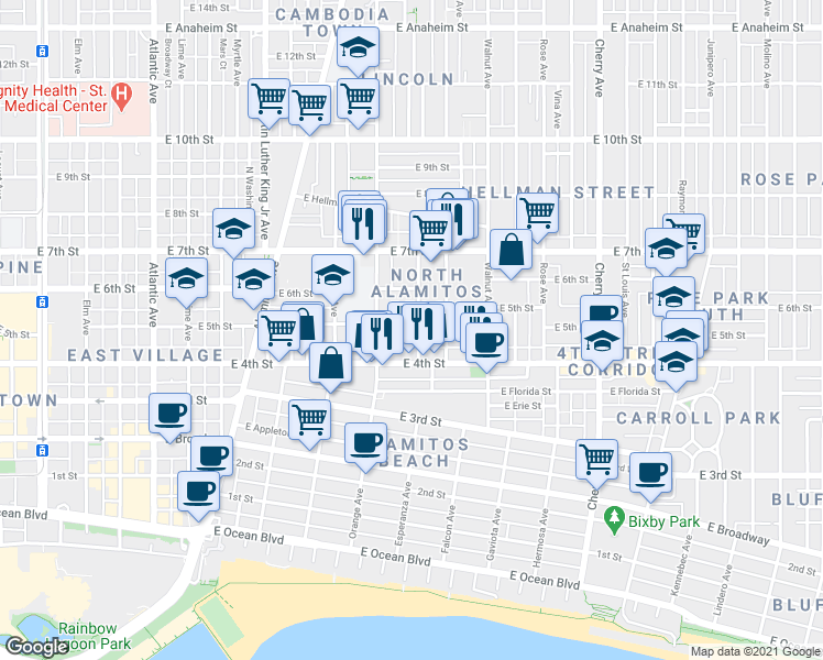 map of restaurants, bars, coffee shops, grocery stores, and more near 446 Almond Avenue in Long Beach