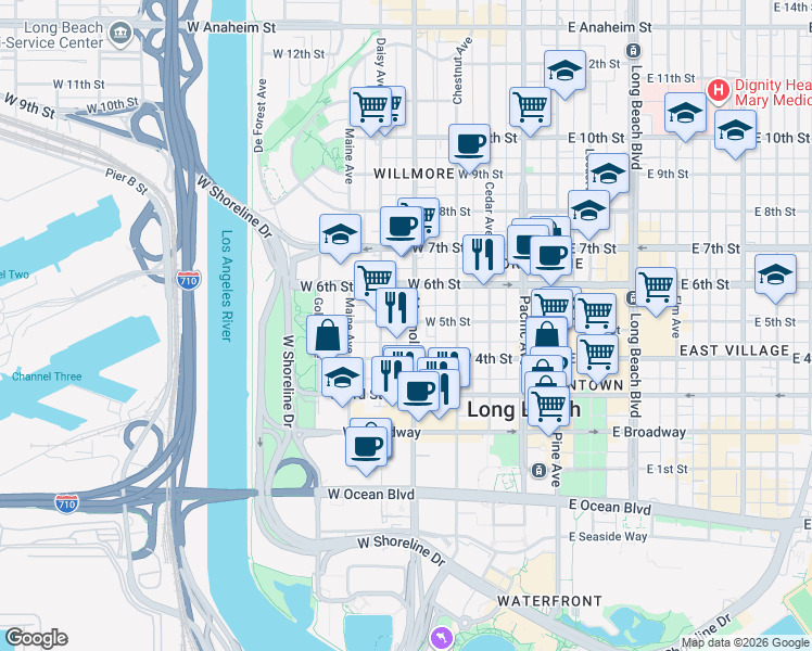 map of restaurants, bars, coffee shops, grocery stores, and more near 455 Magnolia Avenue in Long Beach