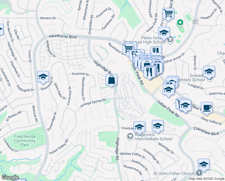 map of restaurants, bars, coffee shops, grocery stores, and more near 28441 Highridge Road in Rolling Hills Estates