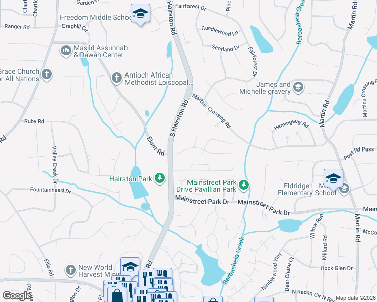 map of restaurants, bars, coffee shops, grocery stores, and more near 4821 Hairston Place in Stone Mountain