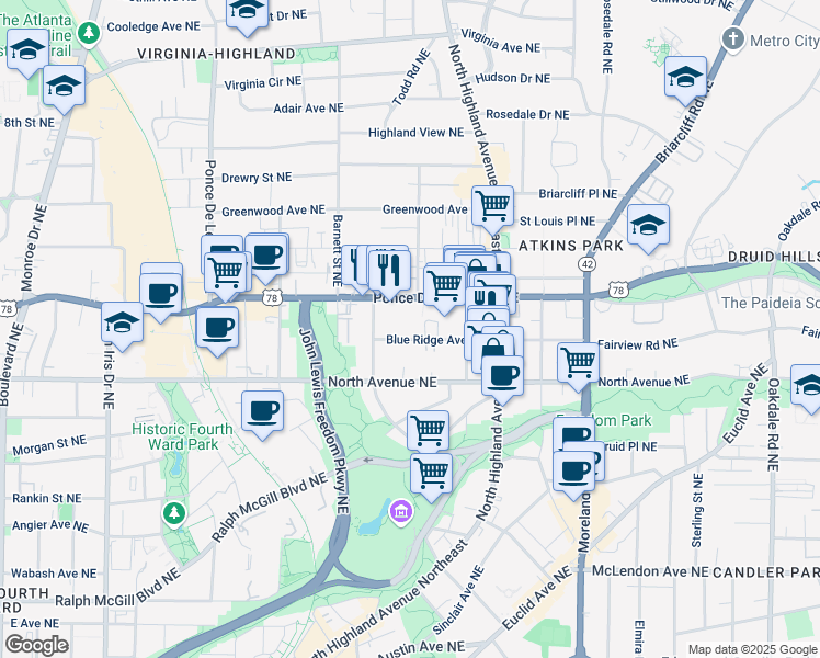 map of restaurants, bars, coffee shops, grocery stores, and more near 966 Blue Ridge Avenue Northeast in Atlanta