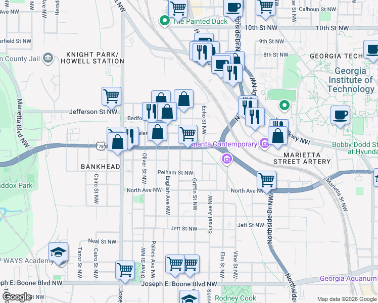 map of restaurants, bars, coffee shops, grocery stores, and more near 649 Griffin Street Northwest in Atlanta