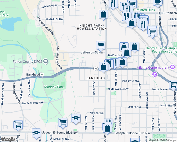 map of restaurants, bars, coffee shops, grocery stores, and more near 660 Simmons Street Northwest in Atlanta