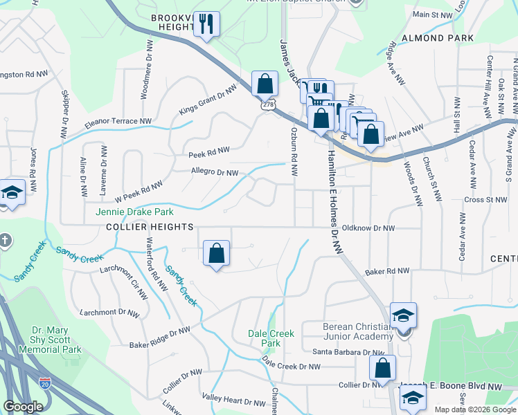 map of restaurants, bars, coffee shops, grocery stores, and more near 605 Lyric Way Northwest in Atlanta