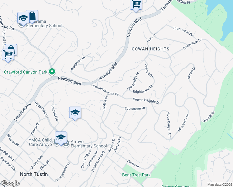 map of restaurants, bars, coffee shops, grocery stores, and more near 10573 Cowan Heights Drive in North Tustin