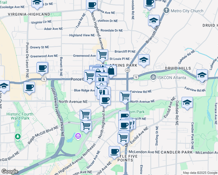 map of restaurants, bars, coffee shops, grocery stores, and more near 664 Seminole Avenue Northeast in Atlanta