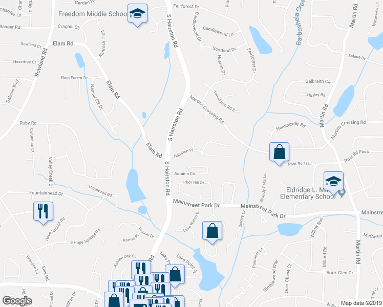 map of restaurants, bars, coffee shops, grocery stores, and more near 4821 Hairston Place in Stone Mountain