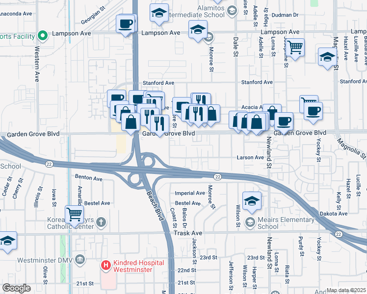 map of restaurants, bars, coffee shops, grocery stores, and more near 8057 Larson Avenue in Garden Grove