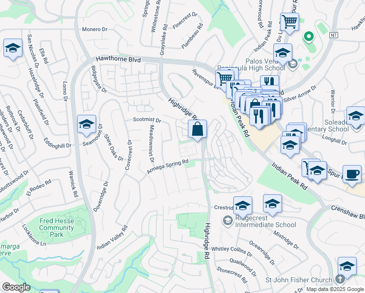 map of restaurants, bars, coffee shops, grocery stores, and more near 5937 Armaga Spring Road in Rancho Palos Verdes