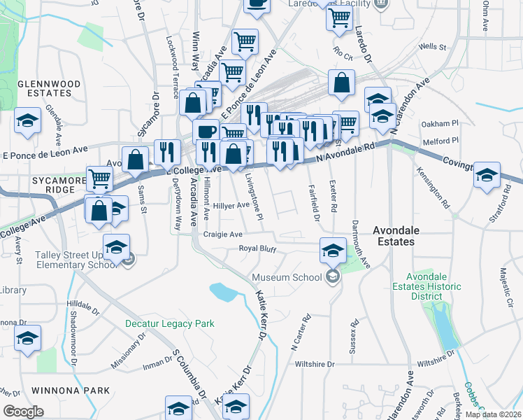 map of restaurants, bars, coffee shops, grocery stores, and more near 771 Livingstone Place in Decatur