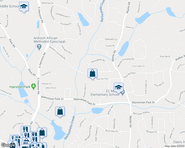map of restaurants, bars, coffee shops, grocery stores, and more near 5025 Martins Crossing Road in Stone Mountain
