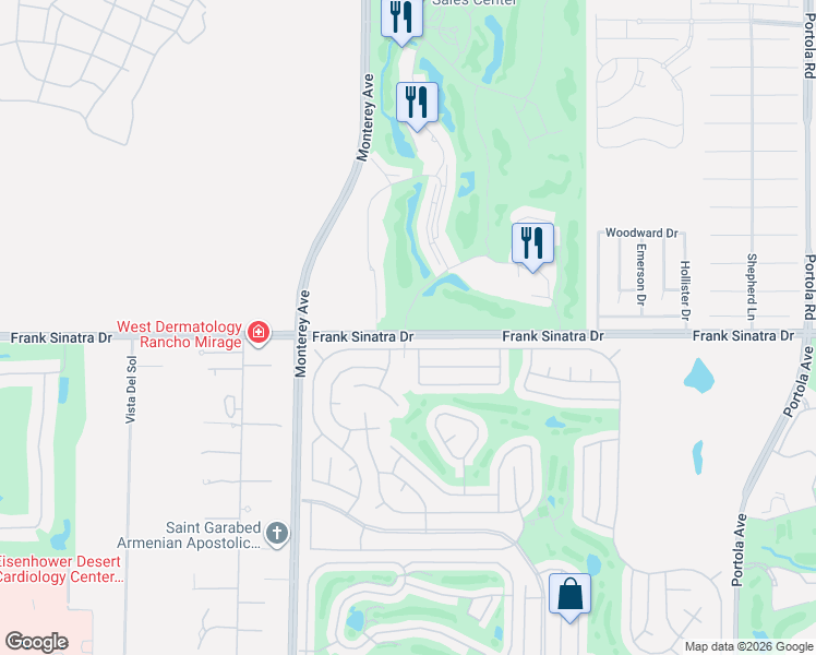 map of restaurants, bars, coffee shops, grocery stores, and more near 73719 Desert Greens Drive East in Palm Desert