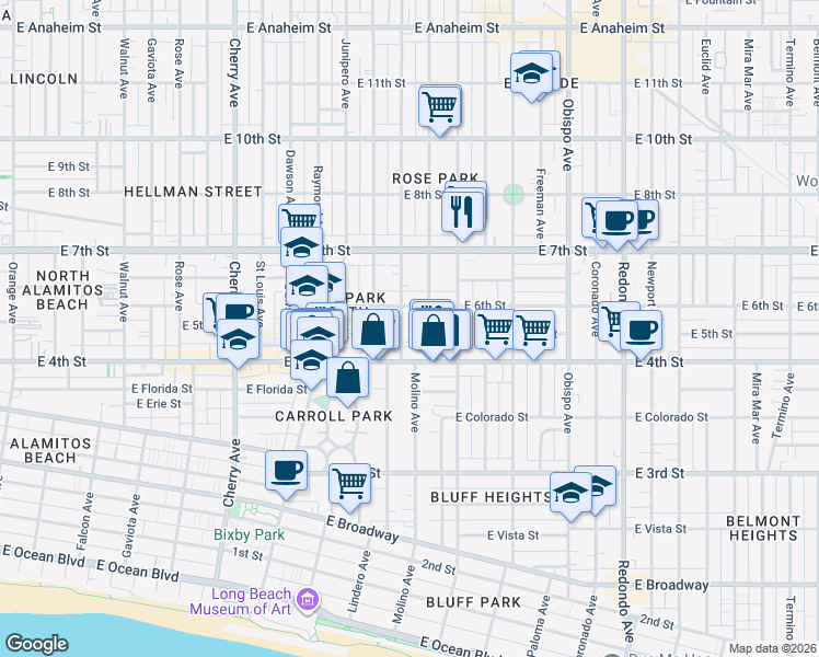 map of restaurants, bars, coffee shops, grocery stores, and more near 508 Molino Avenue in Long Beach