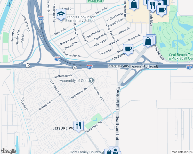 map of restaurants, bars, coffee shops, grocery stores, and more near 1791 Saint John Road in Seal Beach