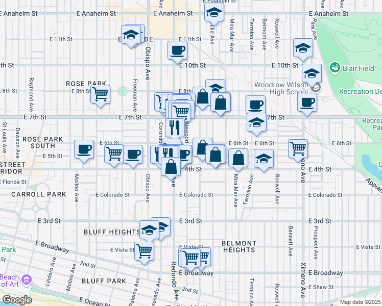 map of restaurants, bars, coffee shops, grocery stores, and more near 506 Newport Avenue in Long Beach