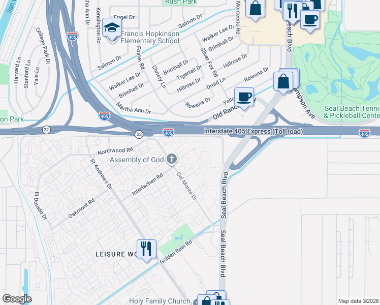 map of restaurants, bars, coffee shops, grocery stores, and more near 1861 Saint John Road in Seal Beach